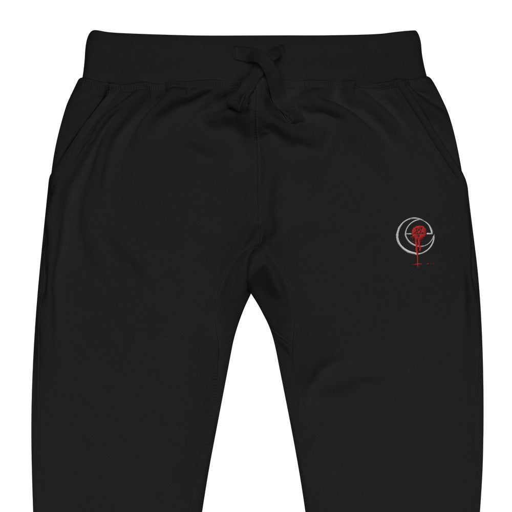 Unisex black fleece sweatpants with embroidered Leviathan Cross, Damn Comfy Sweats.