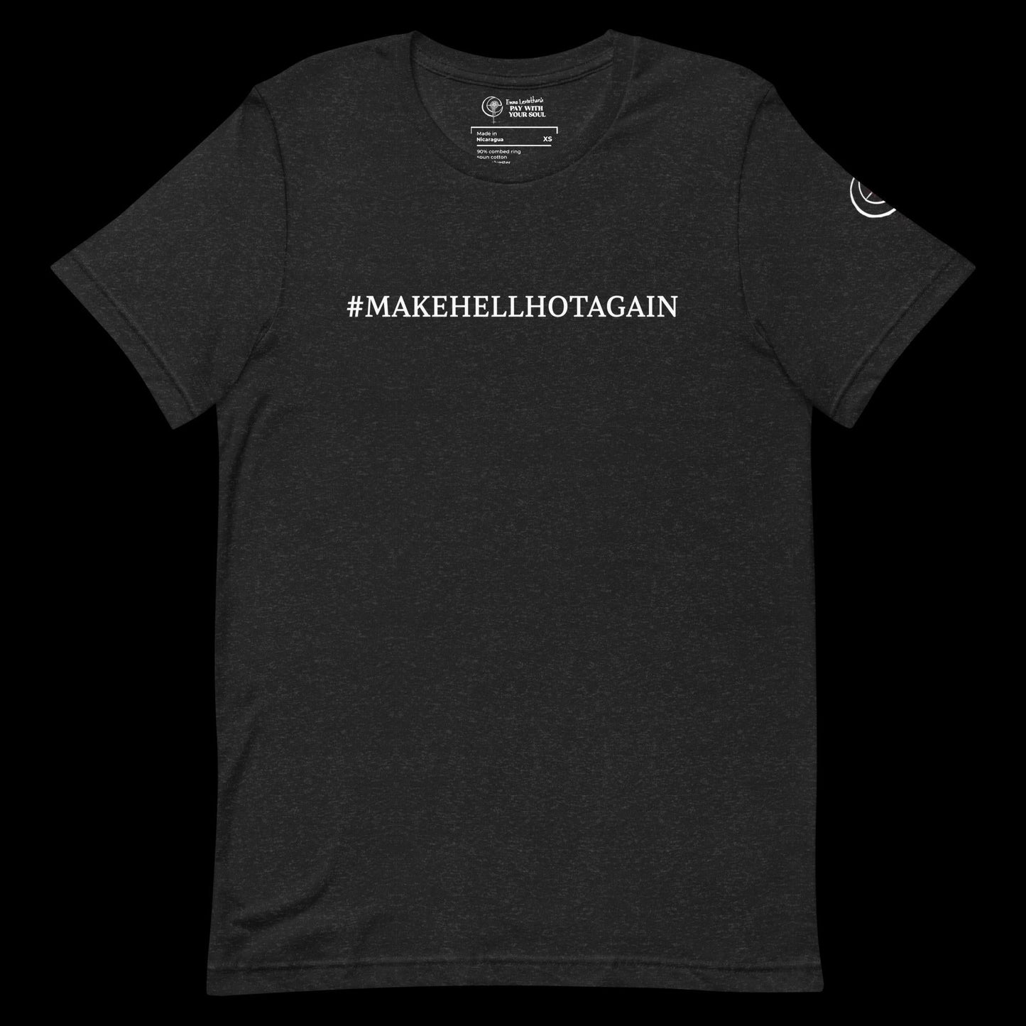 Black unisex #MAKEHELLHOTAGAIN Tee with slogan on chest and Leviathan seal on sleeve.