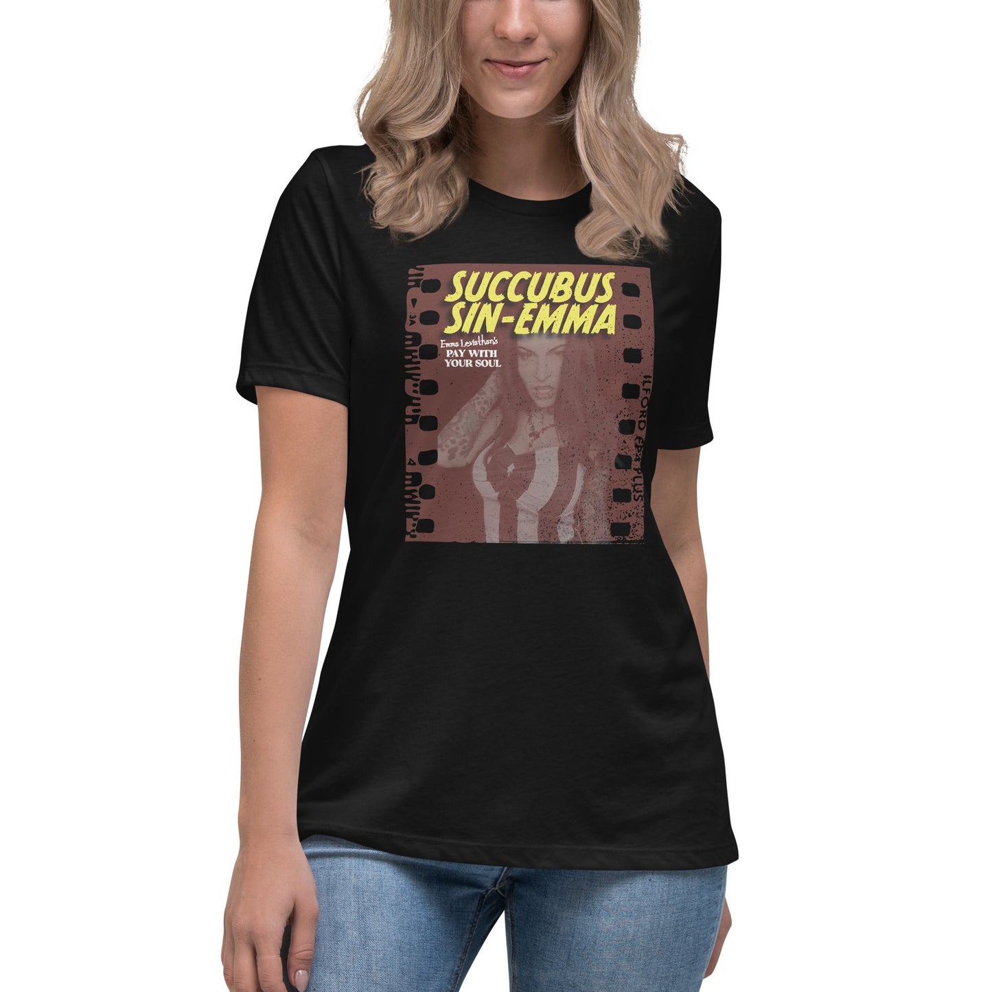 Succubus Sin-Emma fan tee with vintage horror design, featuring Emma Leviathan for the ultimate fans.