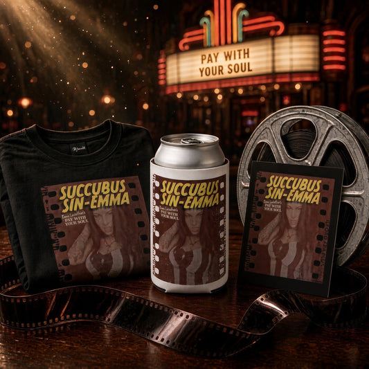Succubus Sin-Emma Movie Night Bundle with black graphic tee, silver can koozie and framed movie poster, all featuring matching art.