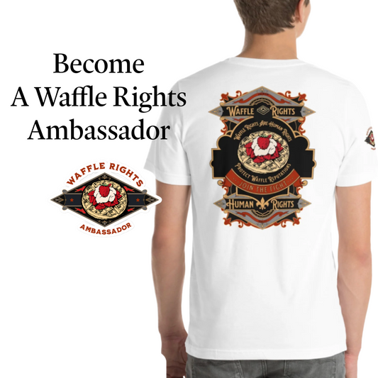 Waffle Rights Ambassador Bundle showing t-shirt and sticker promoting equality for waffles