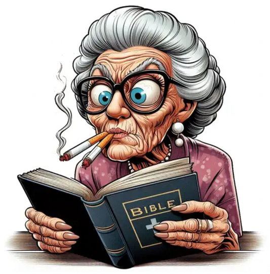 Elderly woman with gray hair and glasses smoking two cigarettes while intensely reading a Bible book illustration for Cheryl Spills the Tea tarot reading.