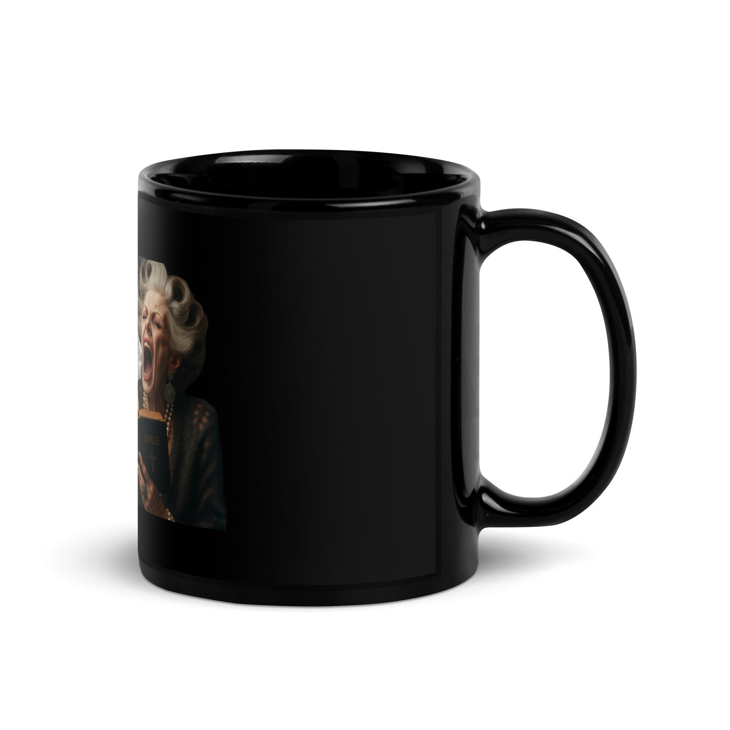 Black ceramic mug featuring an illustration of Cheryl holding a Bible and smoke, with "It’s All Cheryl’s Fault" design.