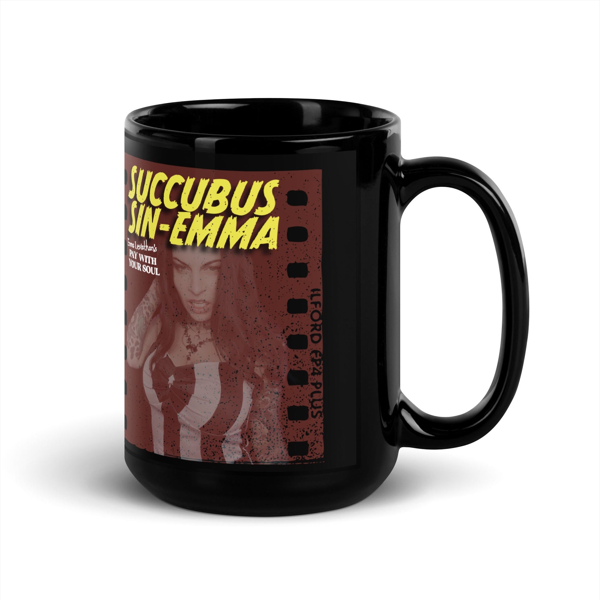 Black glossy mug with vintage horror film design, featuring "Succubus Sin-Emma" bold yellow text, ideal for spooky collections.