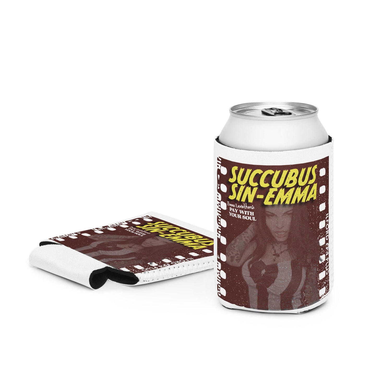 Succubus Sin-Emma Koozie with haunting vintage horror design for chilling drinks.