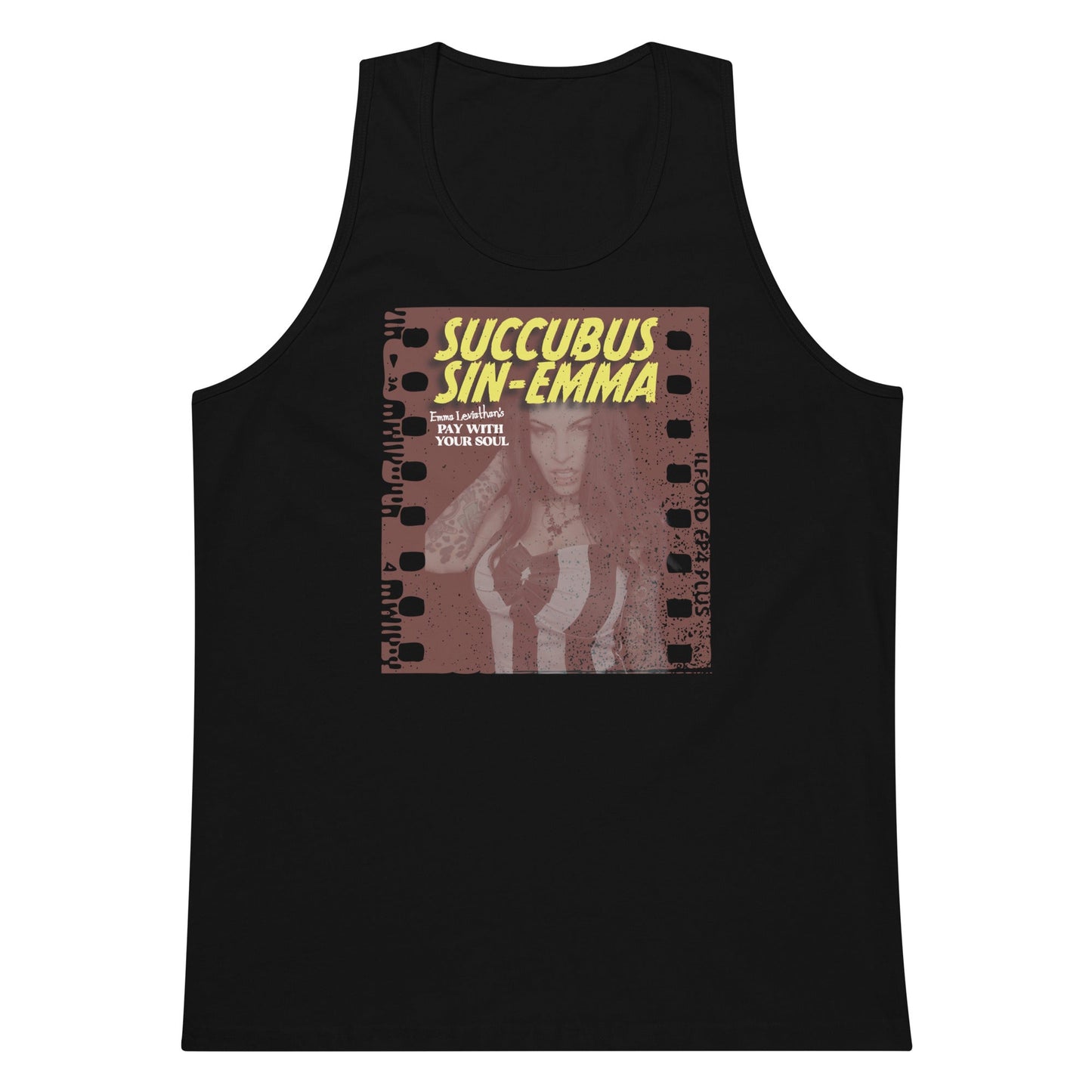 Succubus Sin-Emma fan tank with vintage horror design, black sleeveless top.