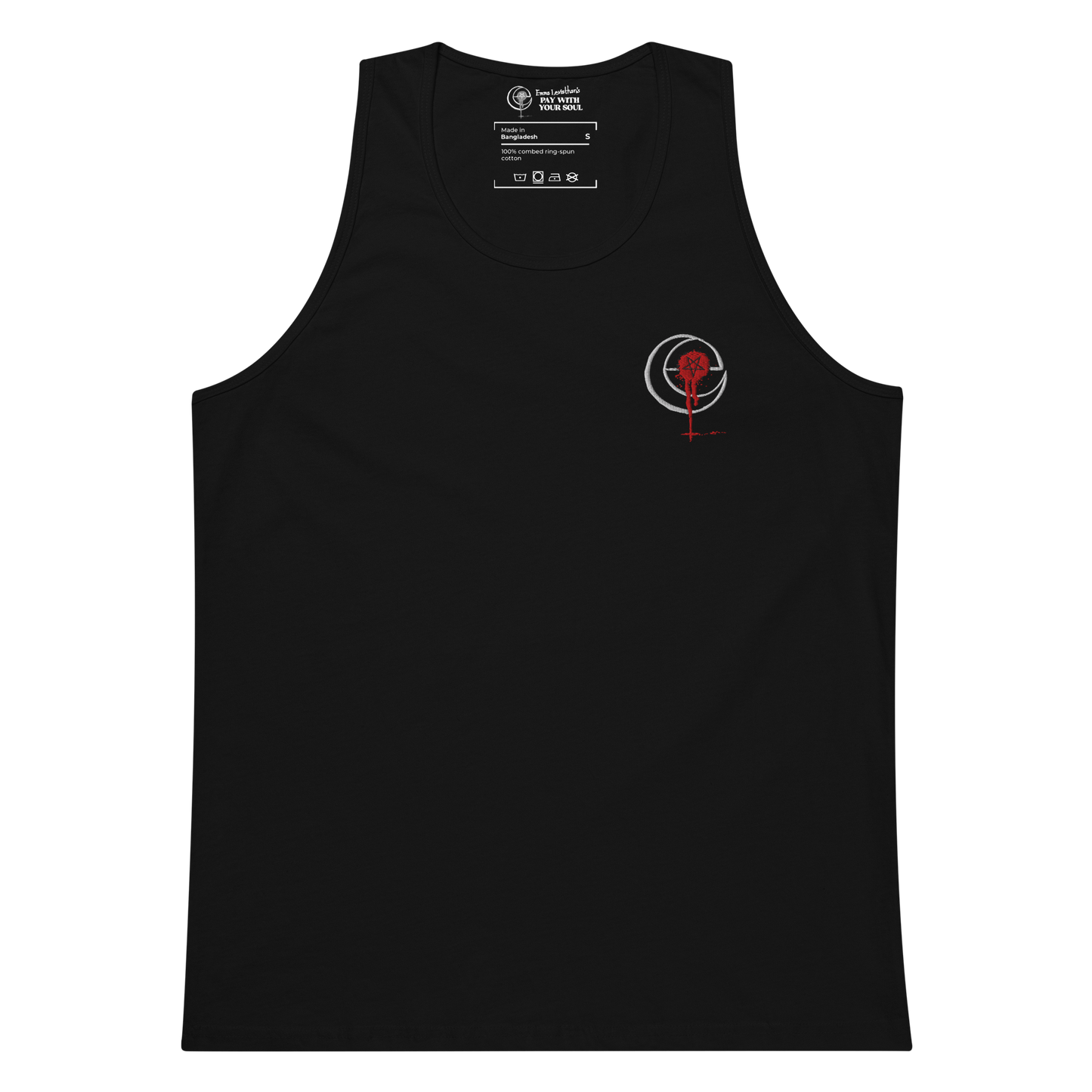 Black tank top with embroidered Blood Moon Sigil featuring a crescent moon and dripping red star over the heart, made of soft-washed heavyweight cotton.