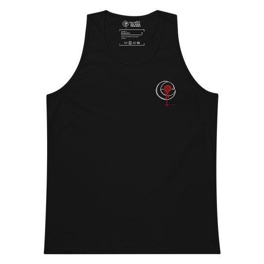 Black tank top with embroidered Blood Moon Sigil featuring a crescent moon and dripping red star over the heart, made of soft-washed heavyweight cotton.