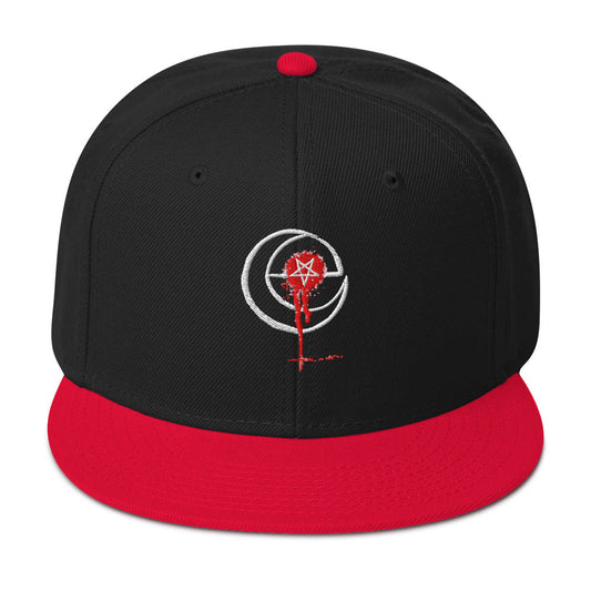 Black snapback hat with red brim and embroidered design, The Damned Snapback.