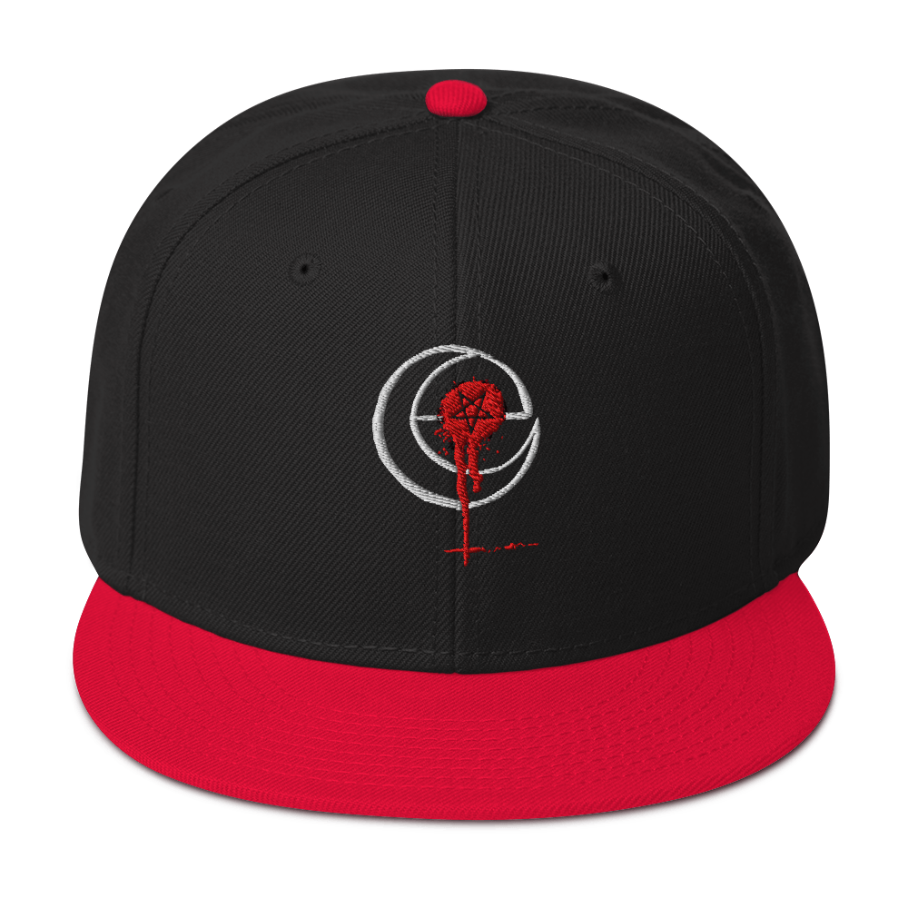 Black and red The Damned Snapback hat with embroidered sigil, structured high-profile fit, and flat red brim with grey under visor