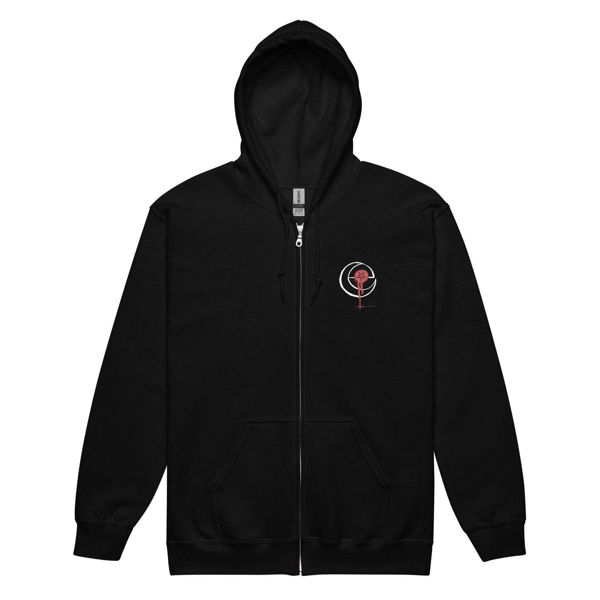 Black Circle & Sigil Zip Hoodie with metal zipper and front pouch pockets