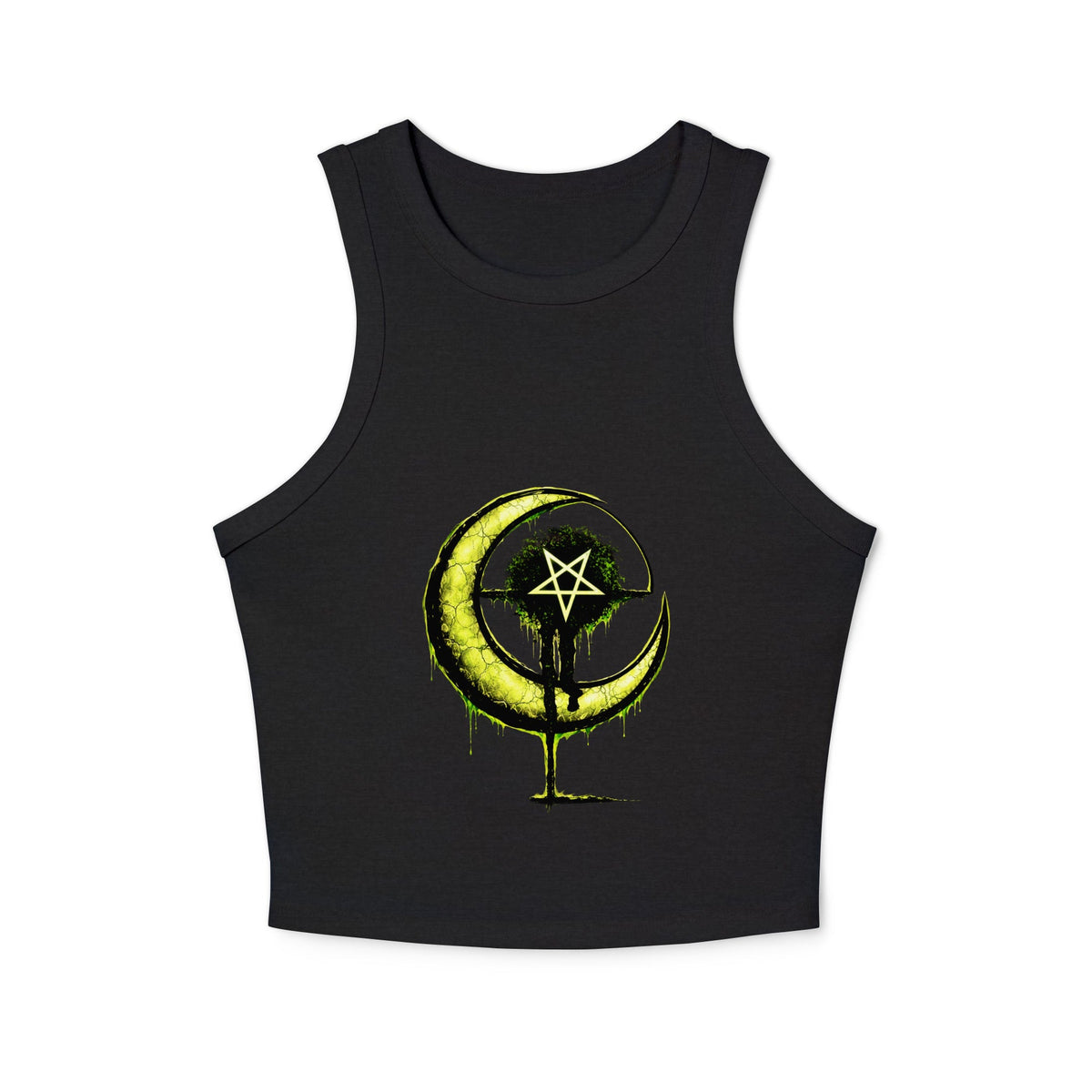 Women's micro rib racer tank top in black, with a fitted sleeveless cut and a bright yellow-green crescent and pentagram graphic.